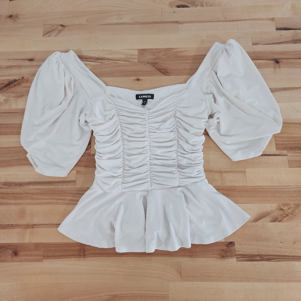 Express Puff Sleeve Ruched Peplum Top Size XS Off White Coquette
